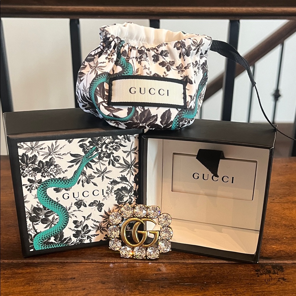 Gucci Gold and Crystal GG Brooch